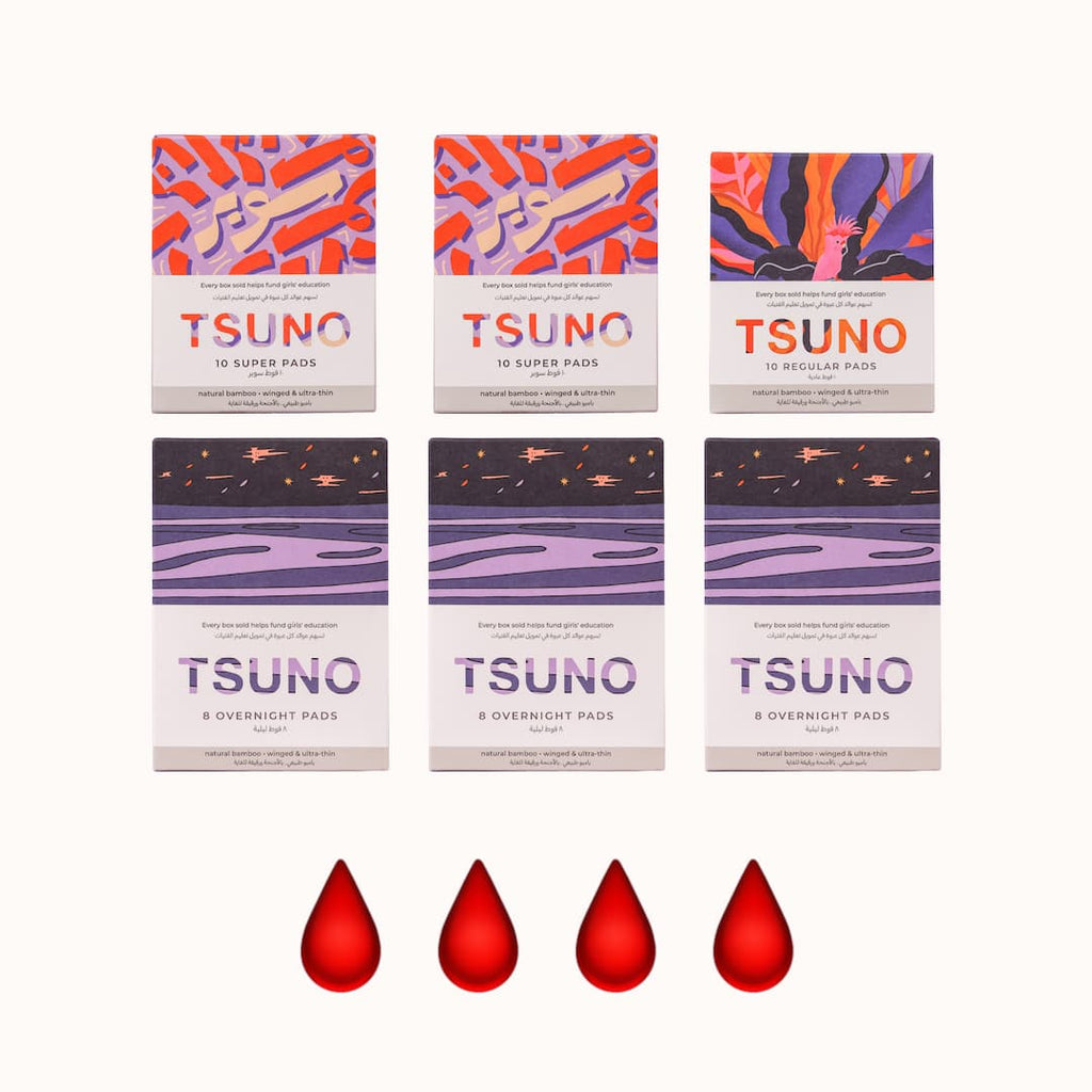 tsuno bundle heavy flow collection including panty liners regular pads and super pads